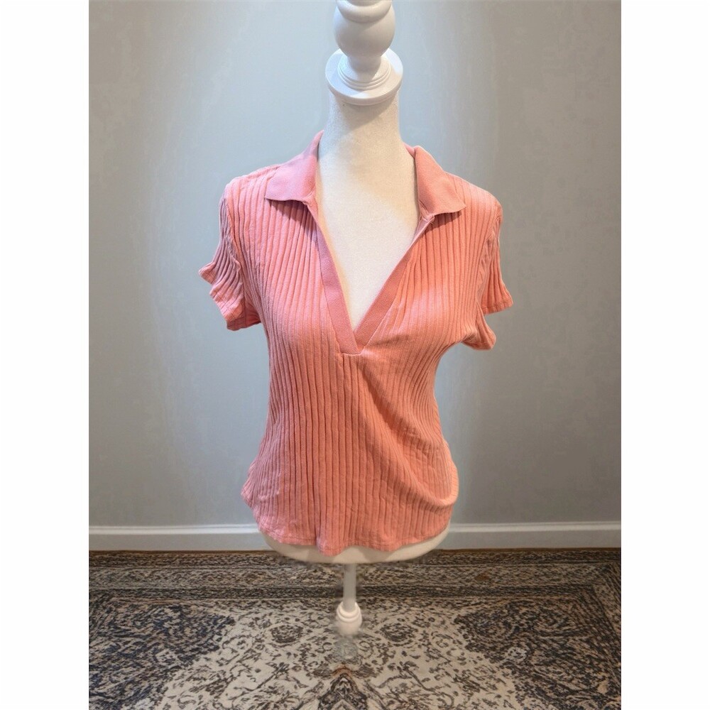 No Boundaries Polo Top Womens XL Pink Ribbed Knit Short Sleeve V-Neck